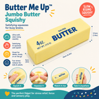 A Butter Me Up Jumbo Butter Squishy product listing graphic showing a large yellow butter stick with printed text, dimensions, feature callouts, and circular usage examples on a light beige background.