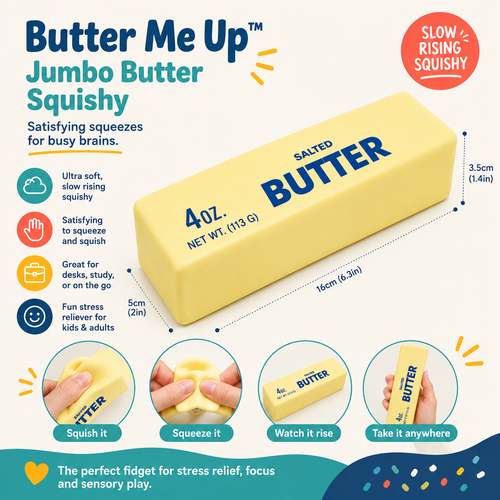 A Butter Me Up Jumbo Butter Squishy product listing graphic showing a large yellow butter stick with printed text, dimensions, feature callouts, and circular usage examples on a light beige background.