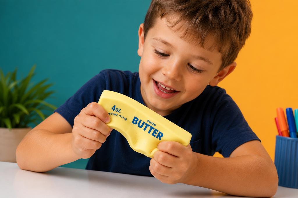 A young boy in a navy blue t-shirt holds a yellow novelty toy shaped like a butter package, with 'BUTTER' printed on it, against a split teal and orange background.