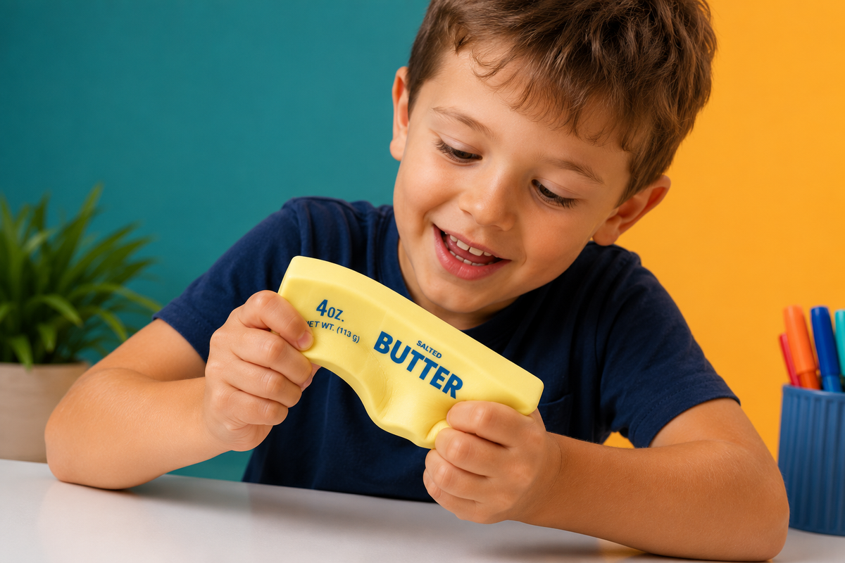 A young boy in a navy blue t-shirt holds a yellow novelty toy shaped like a butter package, with 'BUTTER' printed on it, against a split teal and orange background.