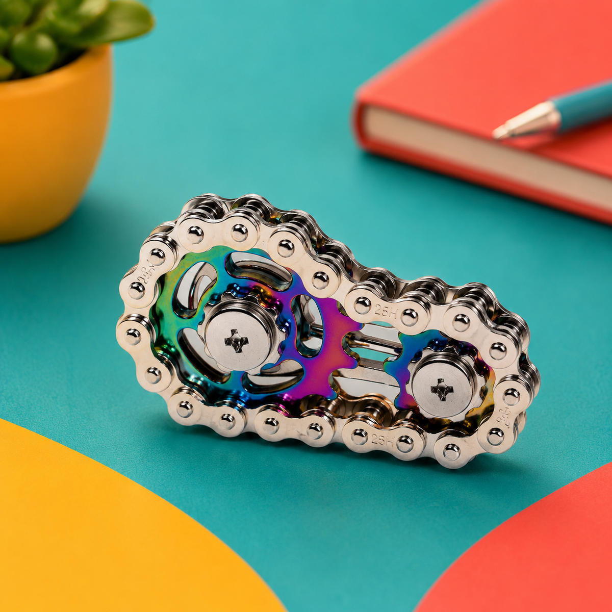 A metallic fidget spinner designed to look like a bicycle chainring, featuring a silver outer ring and colorful iridescent inner plates. It is displayed on a bright teal surface with abstract yellow and red shapes, alongside a red notebook, a pen, and a small potted plant in the background.
