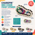 An infographic for the Chainspin Bike Chain Fidget Spinner, showing the product in multiple color options (Silver, Gold, Gunmetal, Rainbow) with detailed specifications, dimensions, and usage benefits on a white background.