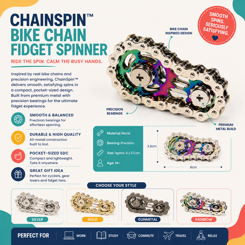 An infographic for the Chainspin Bike Chain Fidget Spinner, showing the product in multiple color options (Silver, Gold, Gunmetal, Rainbow) with detailed specifications, dimensions, and usage benefits on a white background.