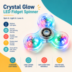 A glowing LED fidget spinner made of transparent acrylic, shown on a colorful graphic background with text describing its features like brilliant LED lights, smooth spinning, and crystal-clear material.
