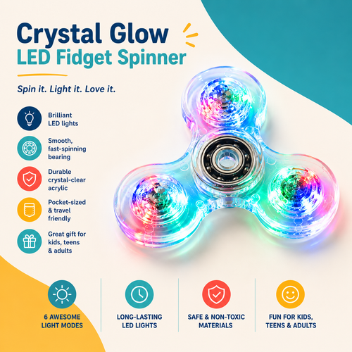 A glowing LED fidget spinner made of transparent acrylic, shown on a colorful graphic background with text describing its features like brilliant LED lights, smooth spinning, and crystal-clear material.