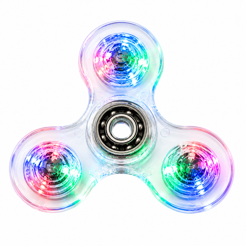 A three-spoke fidget spinner with a clear plastic body and built-in RGB LED lights glowing in pink, green, blue, and purple, centered on a white background.
