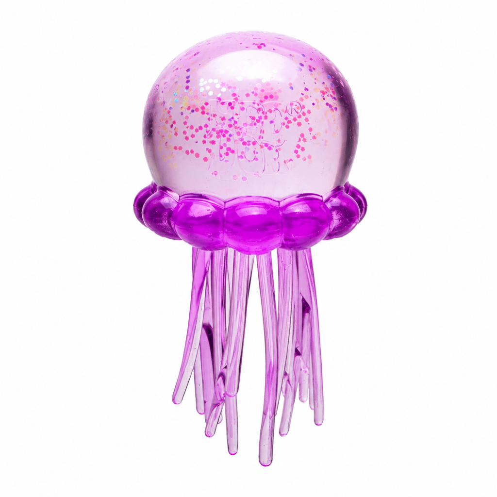 A translucent jellyfish-shaped hair claw comb in shades of pink and purple, featuring a glittery pink dome head and long delicate tentacles, shown on a plain white background.