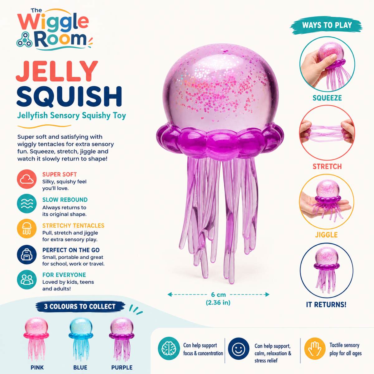 The Wiggle Room Jelly Squish sensory squishy toy shown on an infographic-style product page. The main product is a jellyfish-shaped toy with a translucent pink dome and purple tentacles, centered on a light background.