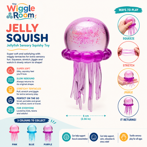 The Wiggle Room Jelly Squish sensory squishy toy shown on an infographic-style product page. The main product is a jellyfish-shaped toy with a translucent pink dome and purple tentacles, centered on a light background.