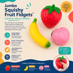 Promotional graphic for Jumbo Squishy Fruit Fidgets showing three large fruit-shaped squeezable toys: a red strawberry, a pink peach, and a yellow banana. The layout includes product text, icons, and a circular inset demonstrating the strawberry fidget being squeezed.