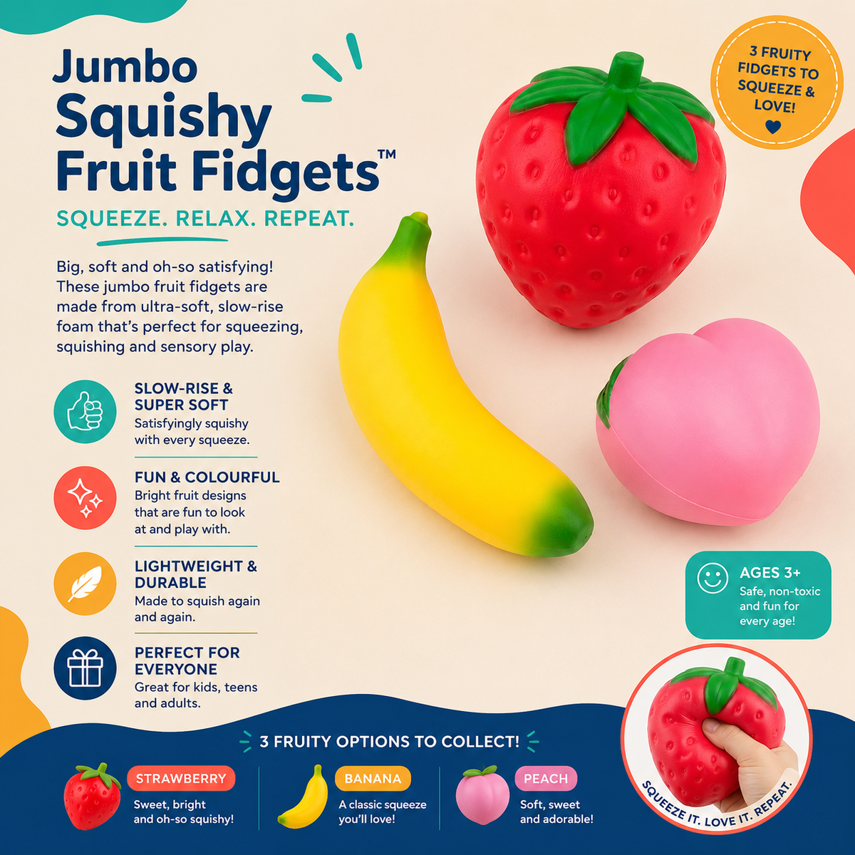 Promotional graphic for Jumbo Squishy Fruit Fidgets showing three large fruit-shaped squeezable toys: a red strawberry, a pink peach, and a yellow banana. The layout includes product text, icons, and a circular inset demonstrating the strawberry fidget being squeezed.
