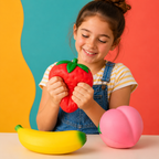 A young girl with her hair in a bun is smiling while squeezing a red strawberry-shaped squishy toy. In front of her on a white table are other fruit-shaped squishies, including a yellow banana and a pink peach, against a colorful wavy background of yellow, teal, and coral red.