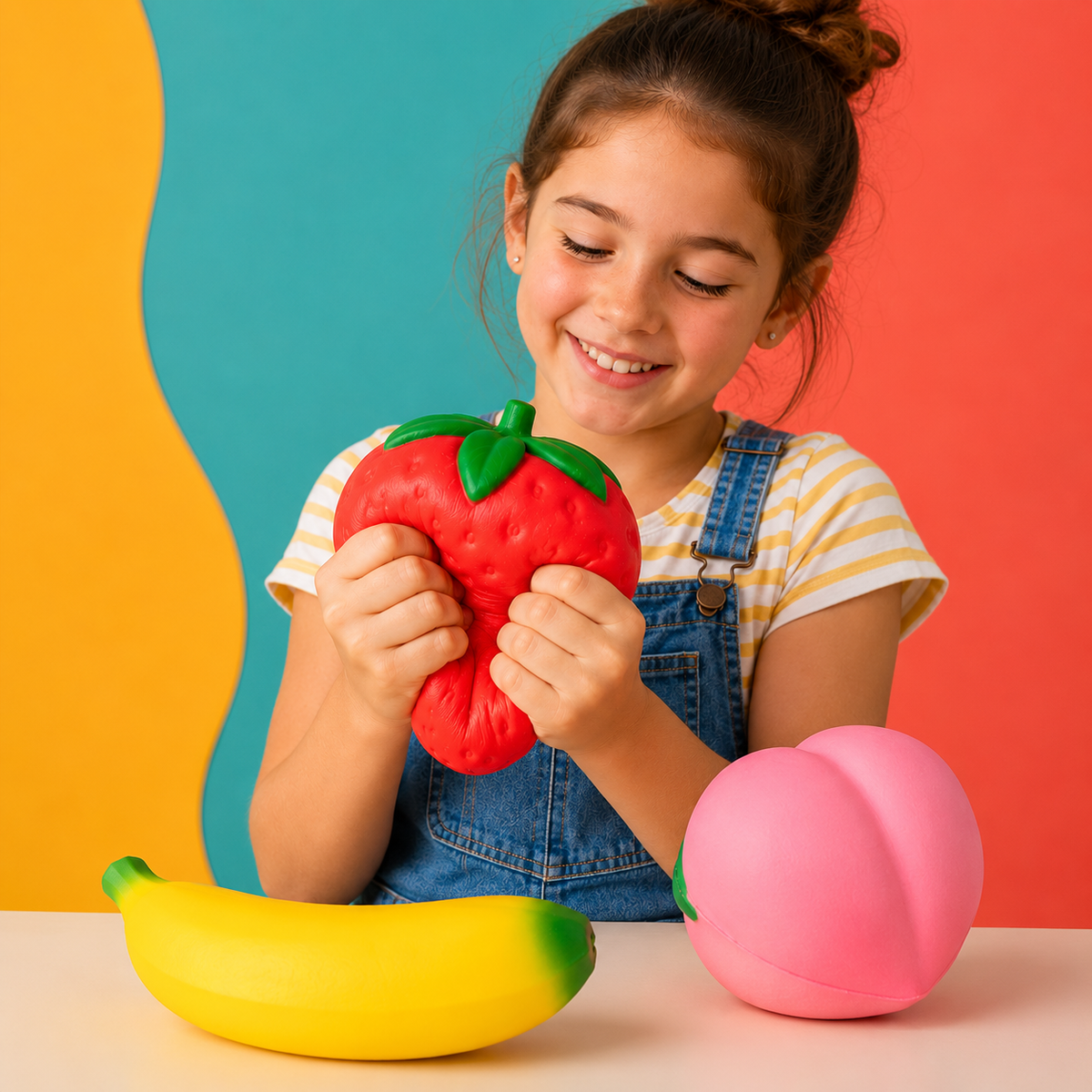 A young girl with her hair in a bun is smiling while squeezing a red strawberry-shaped squishy toy. In front of her on a white table are other fruit-shaped squishies, including a yellow banana and a pink peach, against a colorful wavy background of yellow, teal, and coral red.