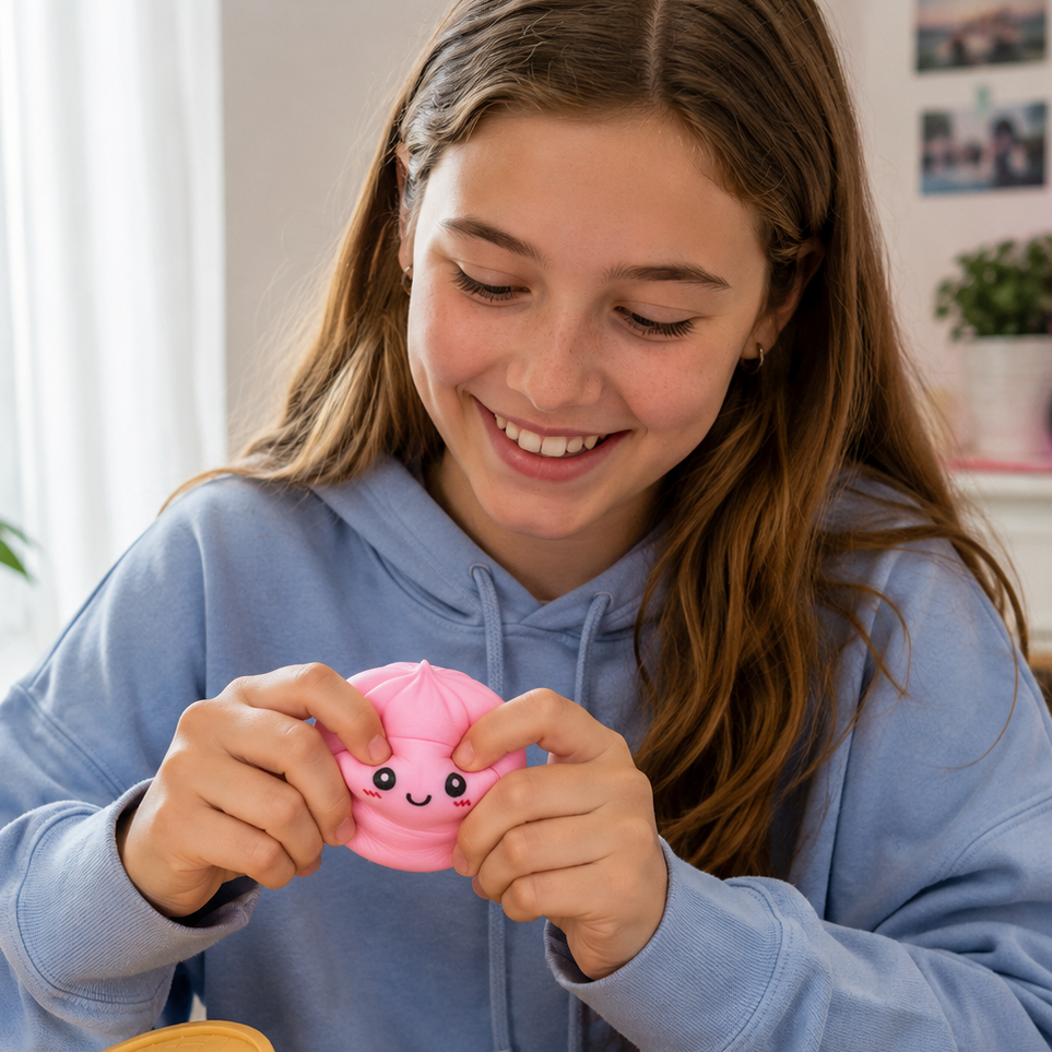 A young girl with long brown hair smiles while holding a small pink plush toy with a cute face. She is wearing a light blue hoodie and sitting at a wooden table with a yellow round container lid in front of her.