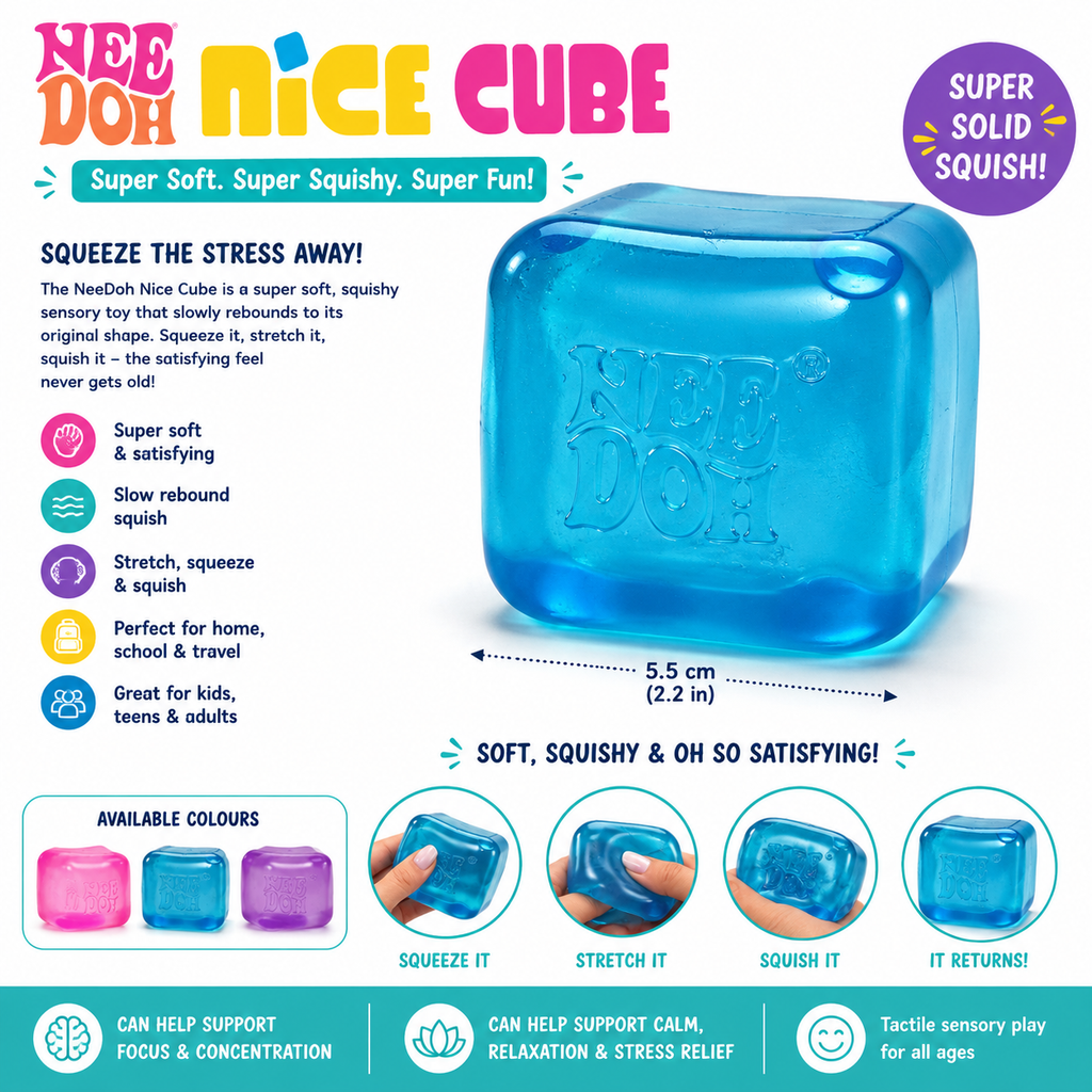 Nice Cube sensory toy in translucent blue, shown on a teal promotional background with product text, dimensions, available colors, and demonstration images of hands squeezing and stretching the cube.
