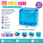 Nice Cube sensory toy in translucent blue, shown on a teal promotional background with product text, dimensions, available colors, and demonstration images of hands squeezing and stretching the cube.