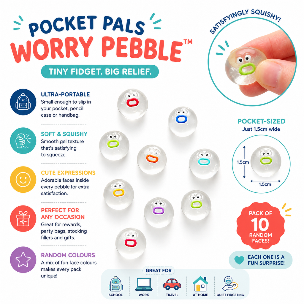 Promotional infographic for a pack of 10 'Pocket Pals Worry Pebble' mini fidgets. The graphic features a hand holding a smiling, squishy pebble on the top right, showing the product in use.