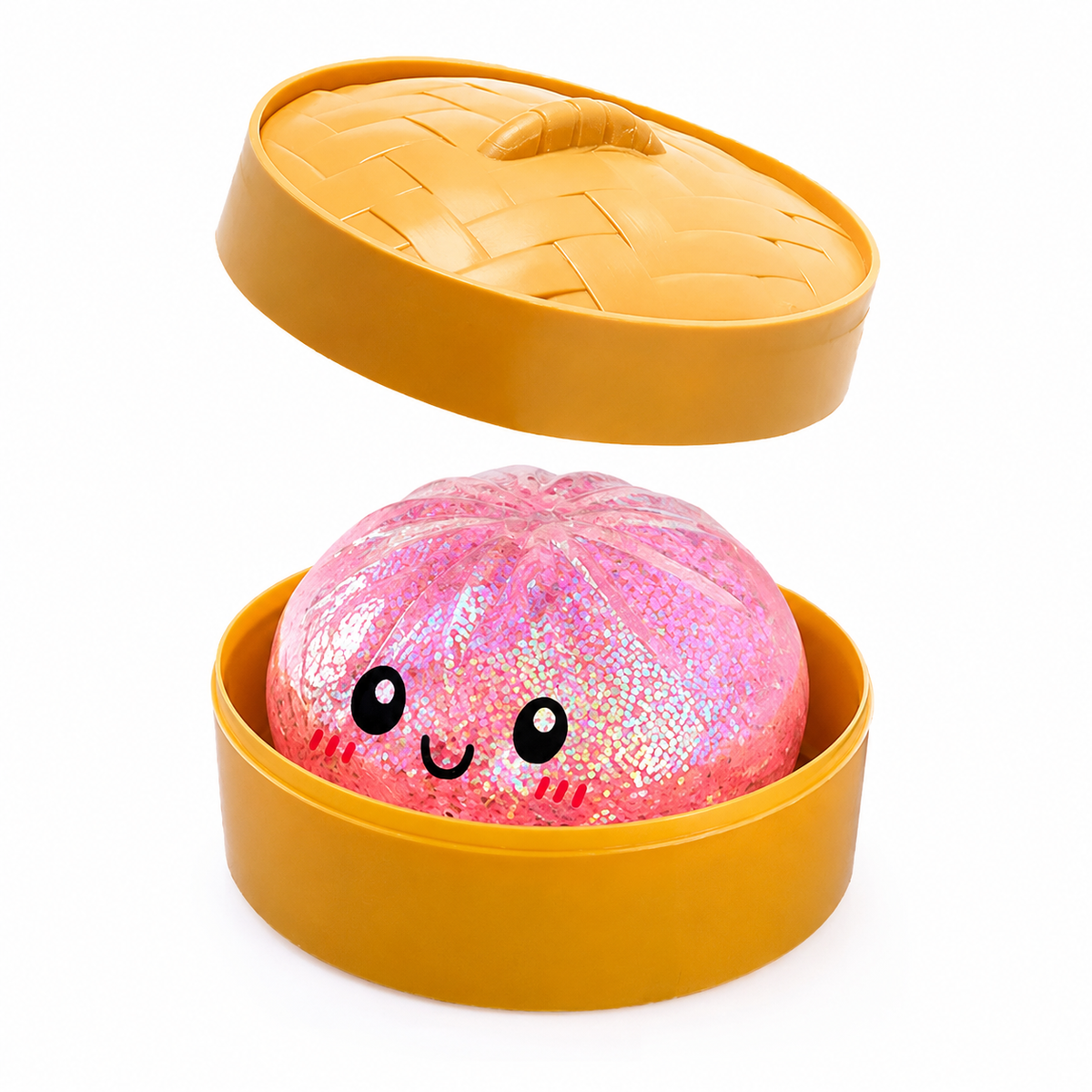 A pink glittery, round, cute character bun toy with a smiling face, displayed inside a yellow-orange round container with its lid floating above on a white background.