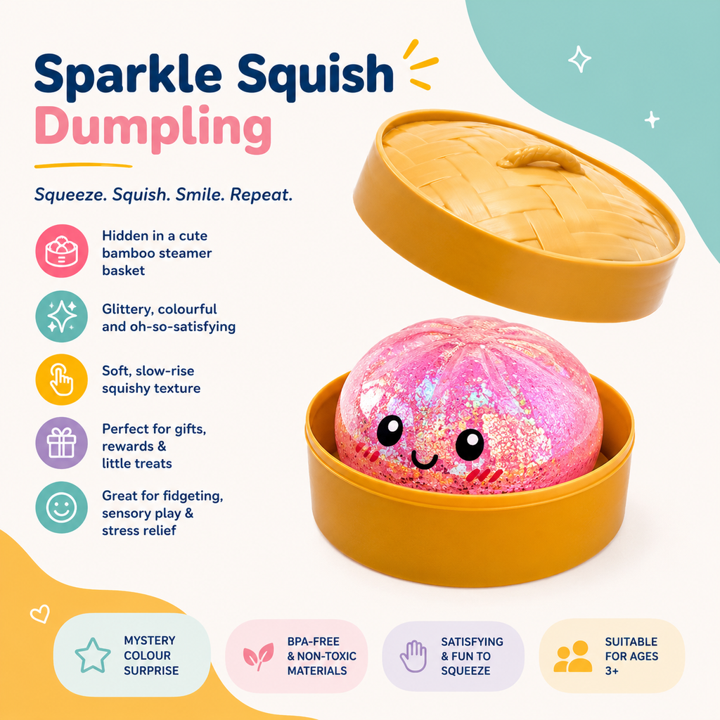 A promotional product graphic for a 'Sparkle Squish Dumpling' toy. The image shows a pink glittery dumpling with a cute smiling face sitting inside an open round yellow bamboo-style basket, with the lid propped open behind it.