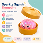 A promotional product graphic for a 'Sparkle Squish Dumpling' toy. The image shows a pink glittery dumpling with a cute smiling face sitting inside an open round yellow bamboo-style basket, with the lid propped open behind it.