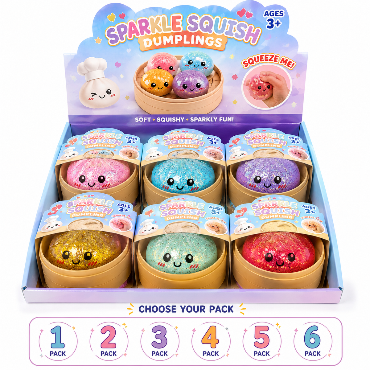 A retail display box of Sparkle Squish Dumplings, showing six different colorful squishy dumpling packs arranged in a grid. The packaging features playful graphics, including a chef hat illustration and text indicating it is suitable for ages 3 and up.